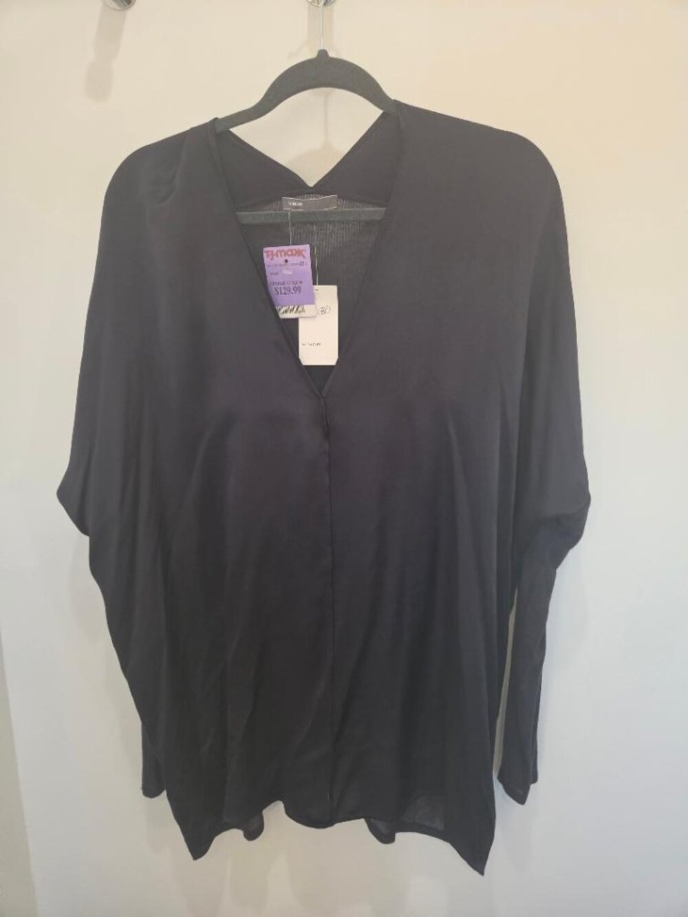 Vince Navy Blue Satin Front/Knit Back Oversized V Neck High Low Top  Large